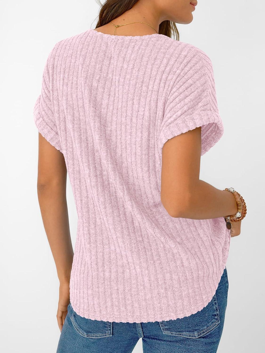 imageAUTOMET Women Tops Summer Sweaters Short Sleeve V Neck Shirts 2025 Spring Fashion Dressy Casual Business Tunic BlousesPink