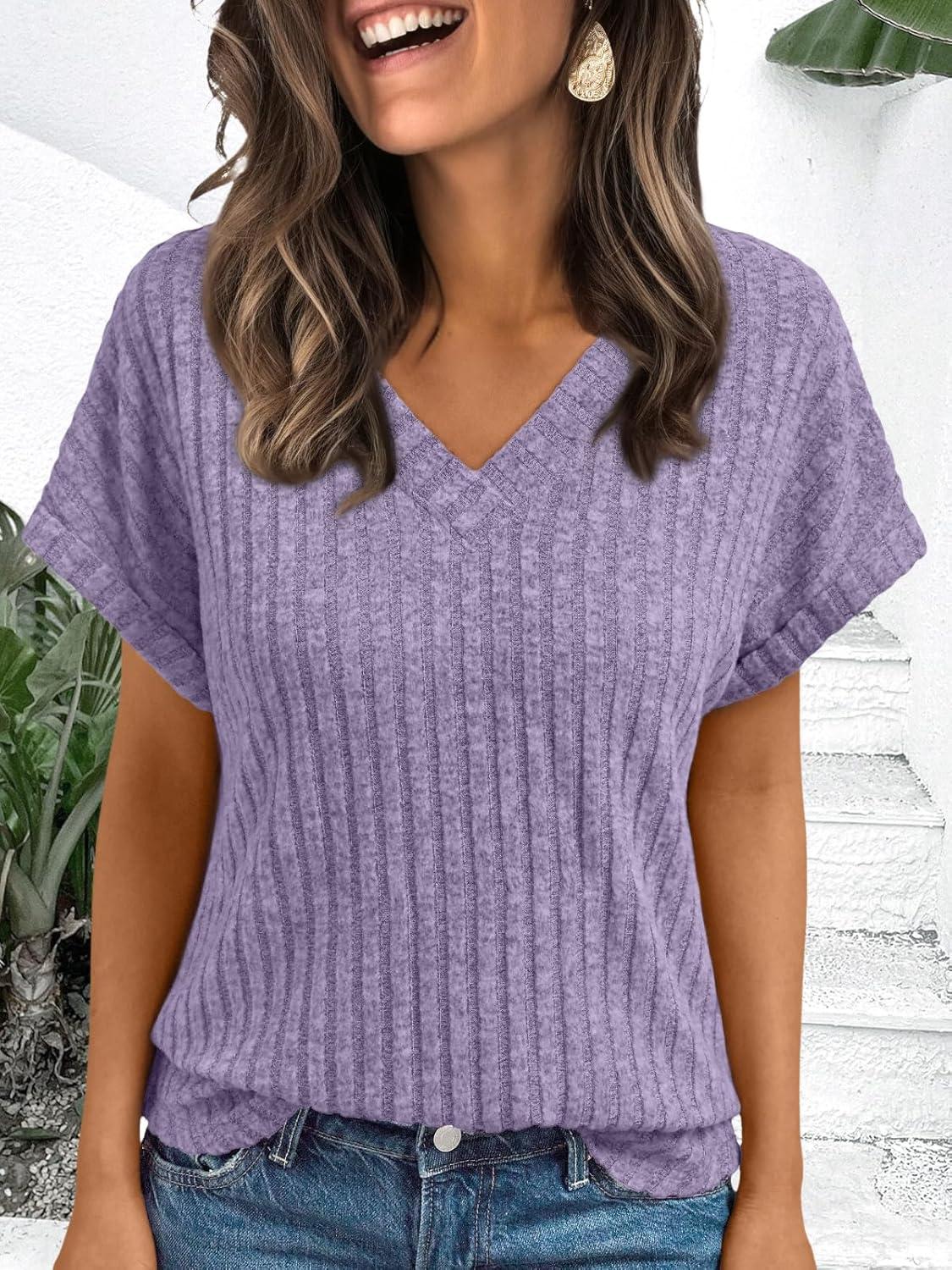 imageAUTOMET Women Tops Summer Sweaters Short Sleeve V Neck Shirts 2025 Spring Fashion Dressy Casual Business Tunic BlousesPurple
