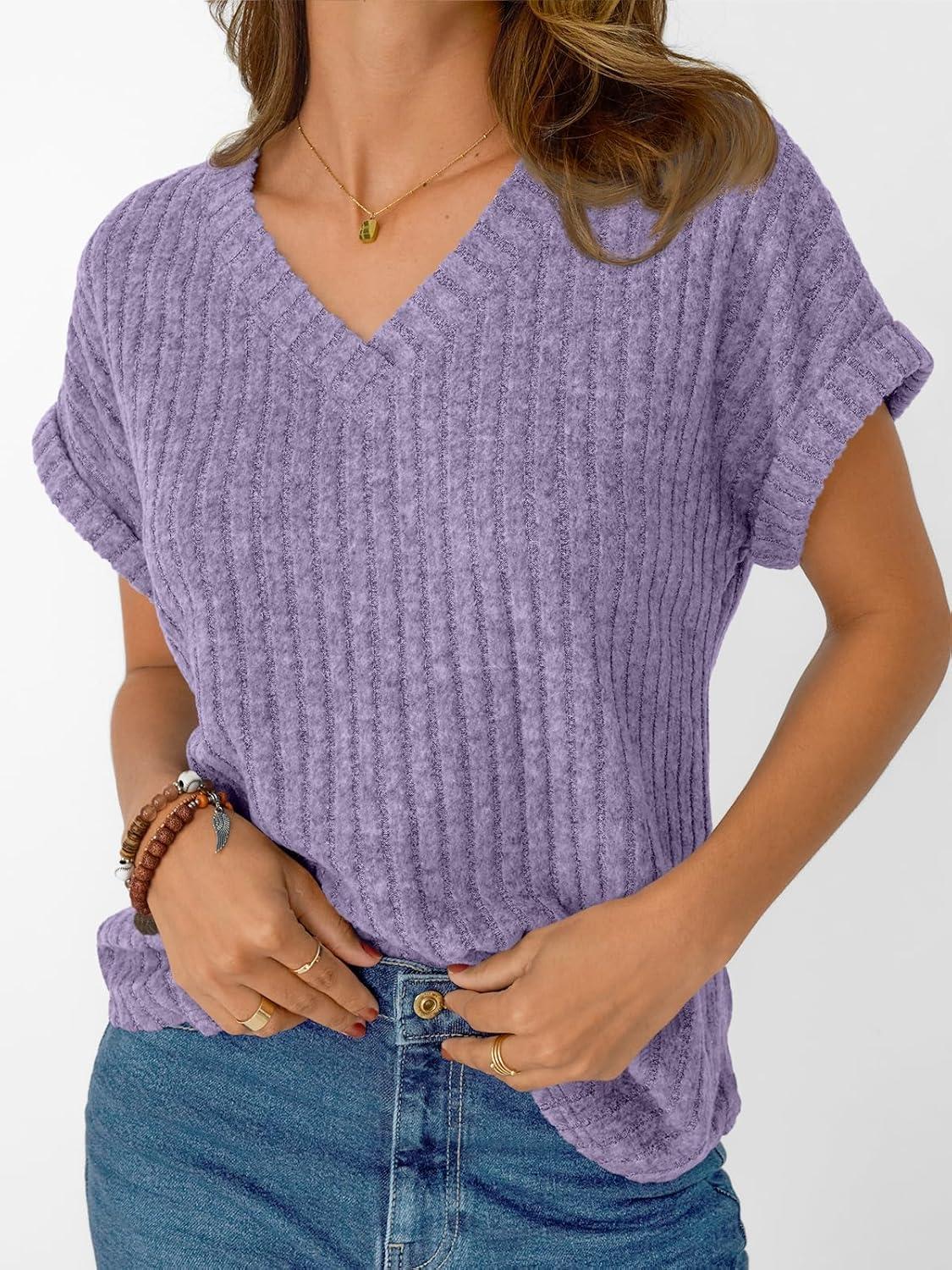 imageAUTOMET Women Tops Summer Sweaters Short Sleeve V Neck Shirts 2025 Spring Fashion Dressy Casual Business Tunic BlousesPurple