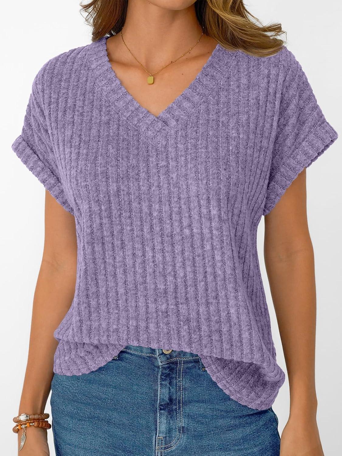 imageAUTOMET Women Tops Summer Sweaters Short Sleeve V Neck Shirts 2025 Spring Fashion Dressy Casual Business Tunic BlousesPurple