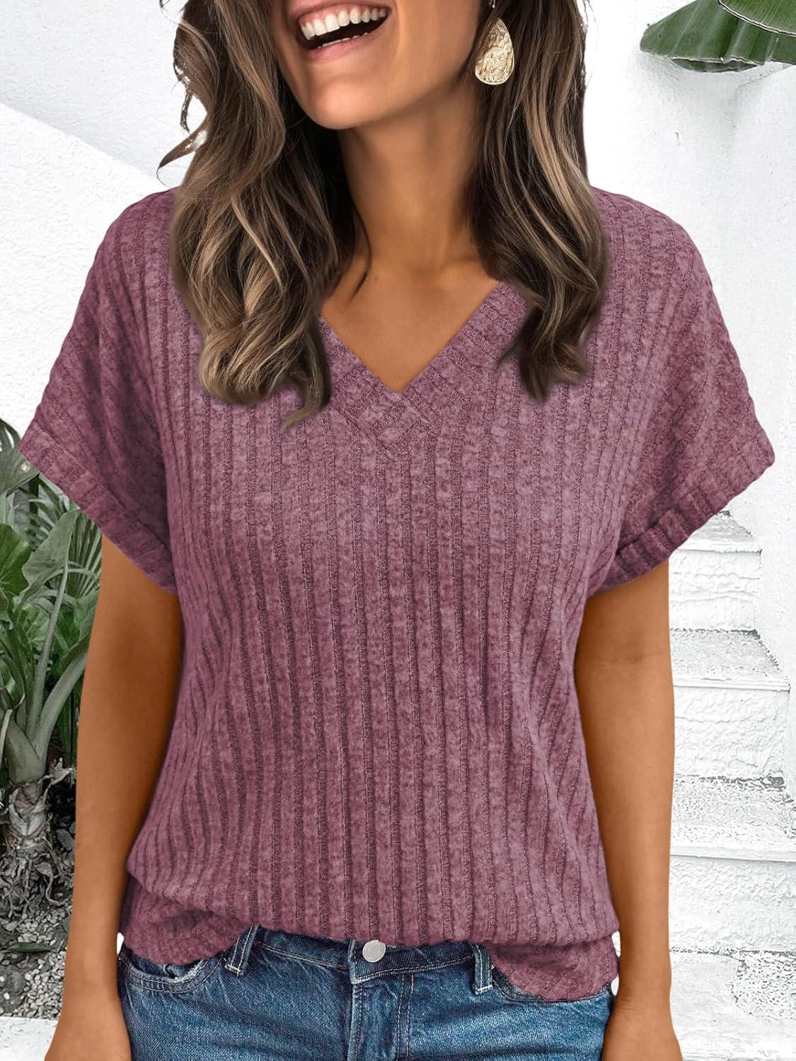 imageAUTOMET Women Tops Summer Sweaters Short Sleeve V Neck Shirts 2025 Spring Fashion Dressy Casual Business Tunic BlousesPurple Red