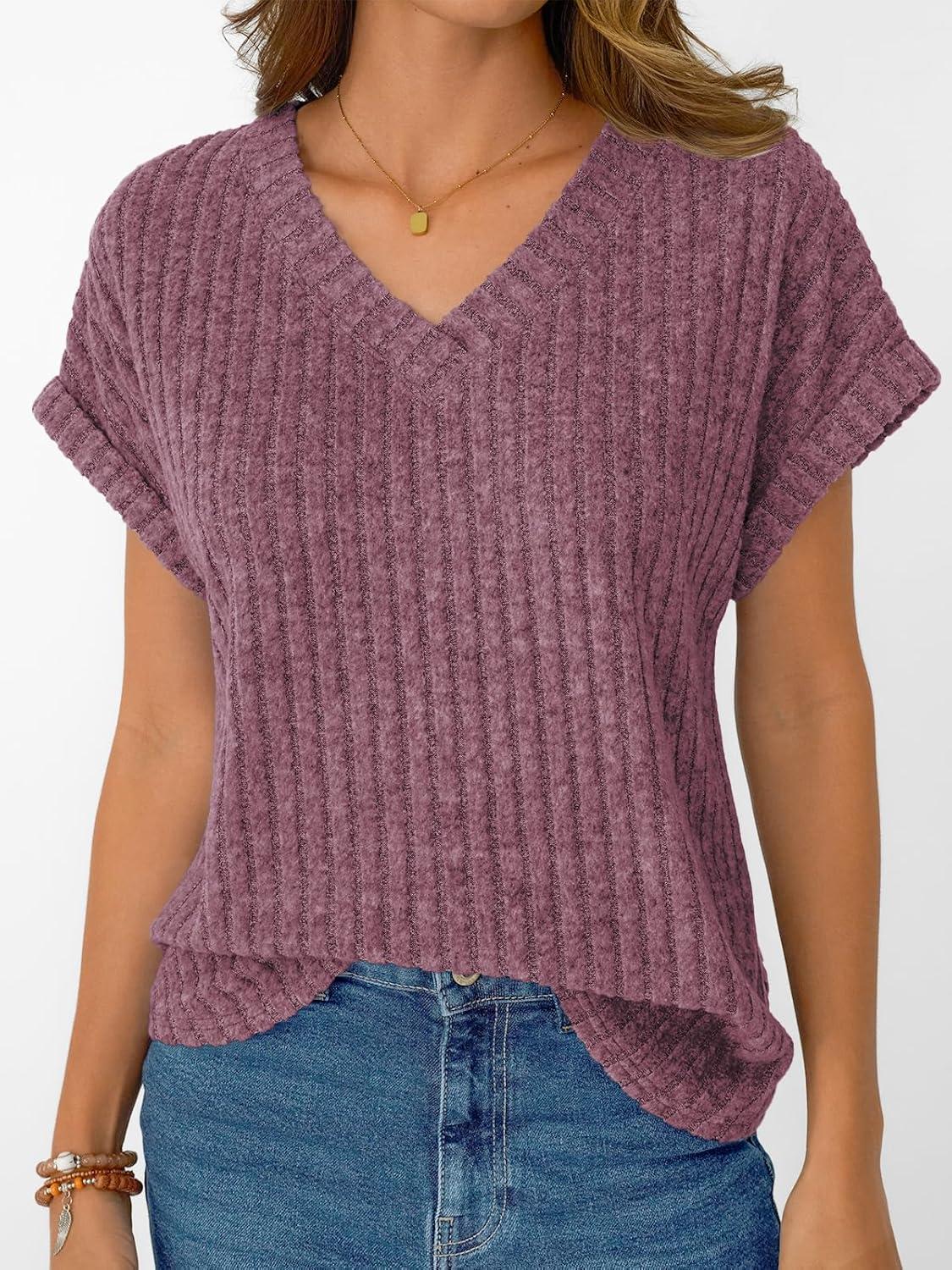 imageAUTOMET Women Tops Summer Sweaters Short Sleeve V Neck Shirts 2025 Spring Fashion Dressy Casual Business Tunic BlousesPurple Red