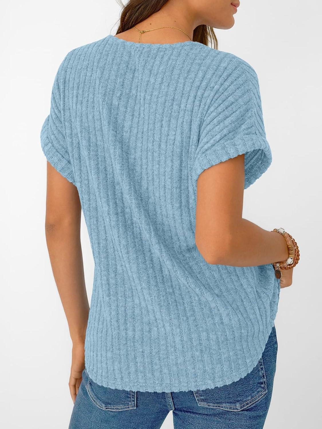 imageAUTOMET Women Tops Summer Sweaters Short Sleeve V Neck Shirts 2025 Spring Fashion Dressy Casual Business Tunic BlousesSkyblue