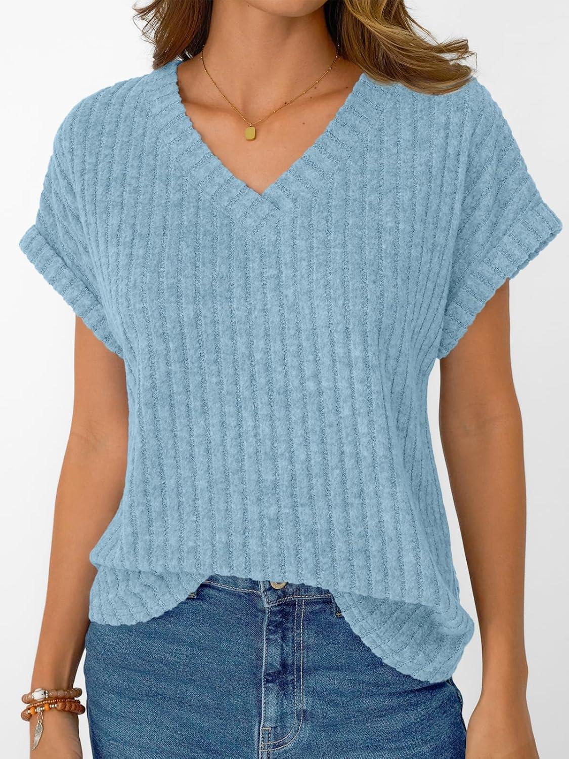 imageAUTOMET Women Tops Summer Sweaters Short Sleeve V Neck Shirts 2025 Spring Fashion Dressy Casual Business Tunic BlousesSkyblue