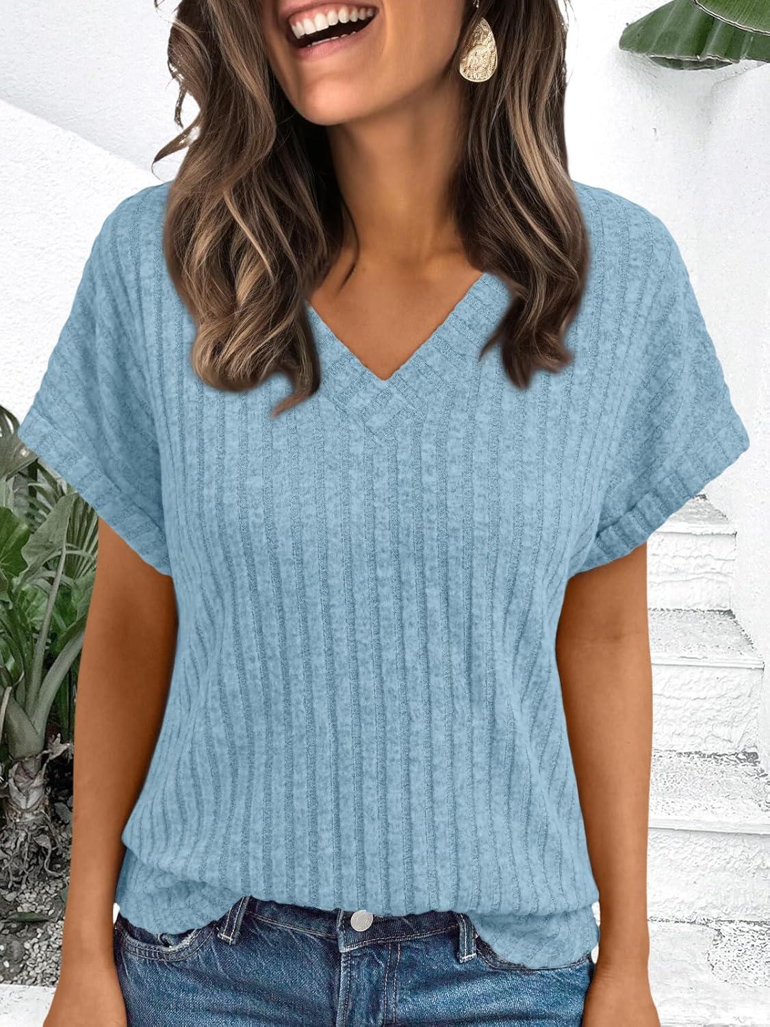 imageAUTOMET Women Tops Summer Sweaters Short Sleeve V Neck Shirts 2025 Spring Fashion Dressy Casual Business Tunic BlousesSkyblue