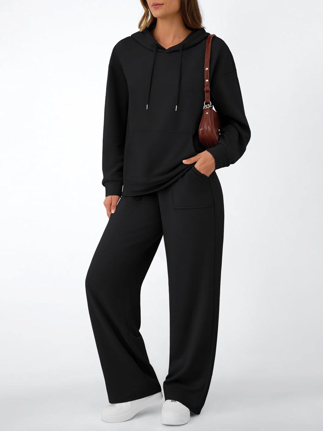imageAUTOMET Womens 2 Piece Outfits Sweatsuits Lounge Matching Fall Sets Jogging Suit Oversized Hoodie Wide Leg Sweatpant ClothesBlack