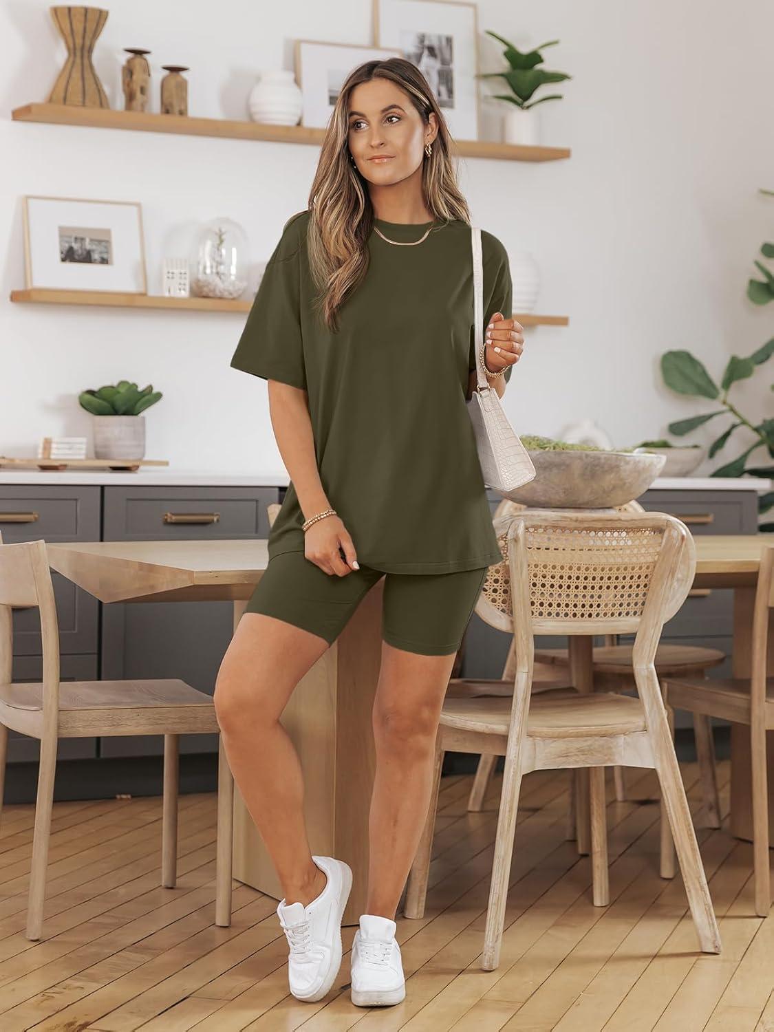 imageAUTOMET Womens 2 Piece Sets Summer Outfits 2025 Two Piece Lounge Set Matching Clothing Oversized Tshirts Biker Short FashionArmygreen