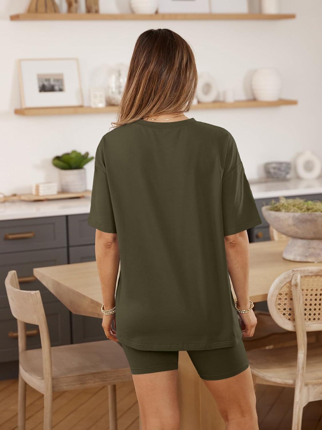 imageAUTOMET Womens 2 Piece Sets Summer Outfits 2025 Two Piece Lounge Set Matching Clothing Oversized Tshirts Biker Short FashionArmygreen