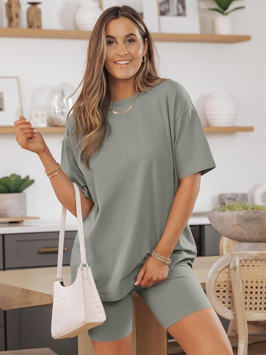 imageAUTOMET Womens 2 Piece Sets Summer Outfits 2025 Two Piece Lounge Set Matching Clothing Oversized Tshirts Biker Short FashionGreygreen