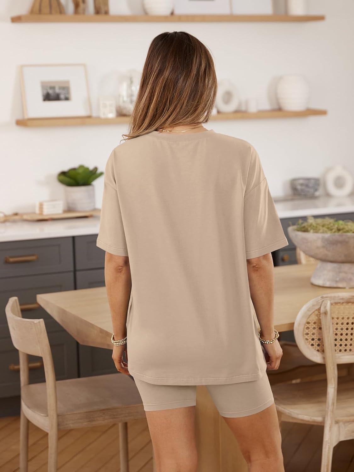imageAUTOMET Womens 2 Piece Sets Summer Outfits 2025 Two Piece Lounge Set Matching Clothing Oversized Tshirts Biker Short FashionKhaki