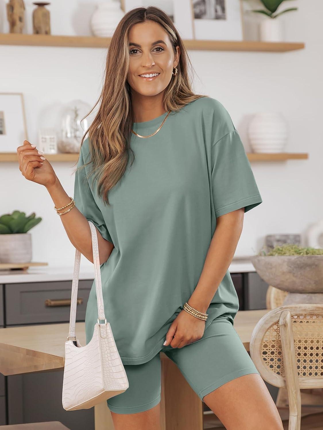 imageAUTOMET Womens 2 Piece Sets Summer Outfits 2025 Two Piece Lounge Set Matching Clothing Oversized Tshirts Biker Short FashionLightgreen