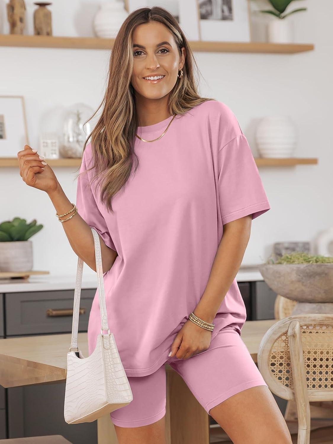 imageAUTOMET Womens 2 Piece Sets Summer Outfits 2025 Two Piece Lounge Set Matching Clothing Oversized Tshirts Biker Short FashionPink
