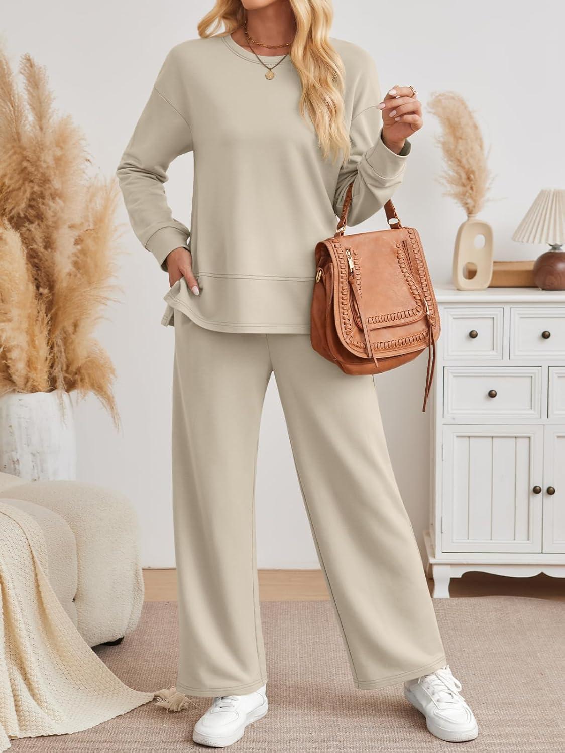 imageAUTOMET Womens 2 Piece Sweatsuits Outfit Lounge Sets Side Slit Sweatshirt Wide Leg Tracksuit Travel Loungewear with PocketsApricot