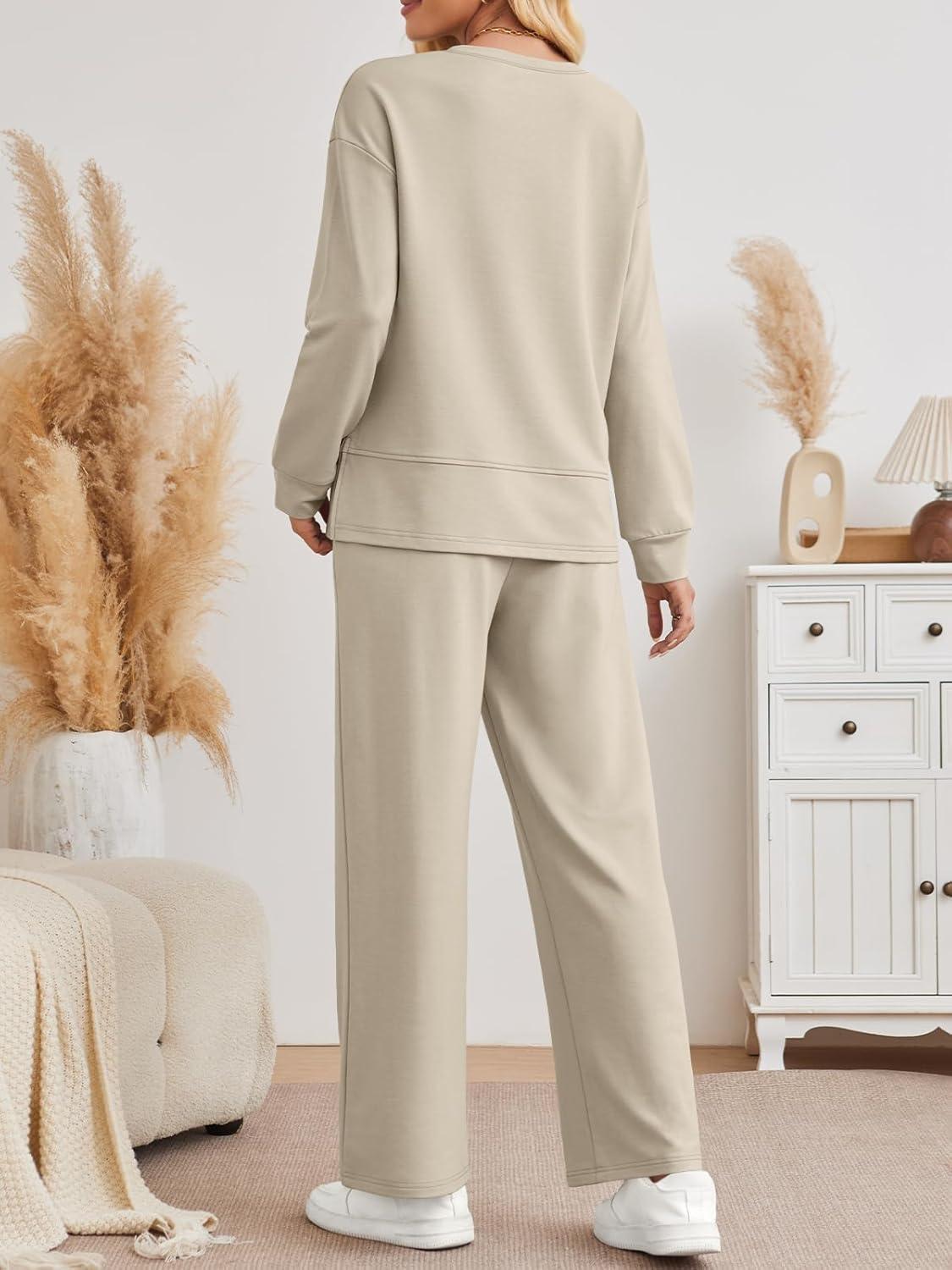 imageAUTOMET Womens 2 Piece Sweatsuits Outfit Lounge Sets Side Slit Sweatshirt Wide Leg Tracksuit Travel Loungewear with PocketsApricot