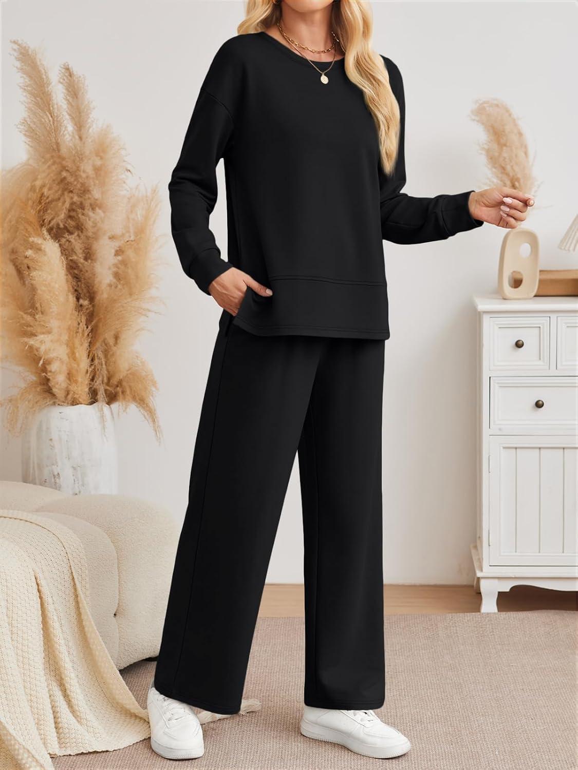 imageAUTOMET Womens 2 Piece Sweatsuits Outfit Lounge Sets Side Slit Sweatshirt Wide Leg Tracksuit Travel Loungewear with PocketsBlack
