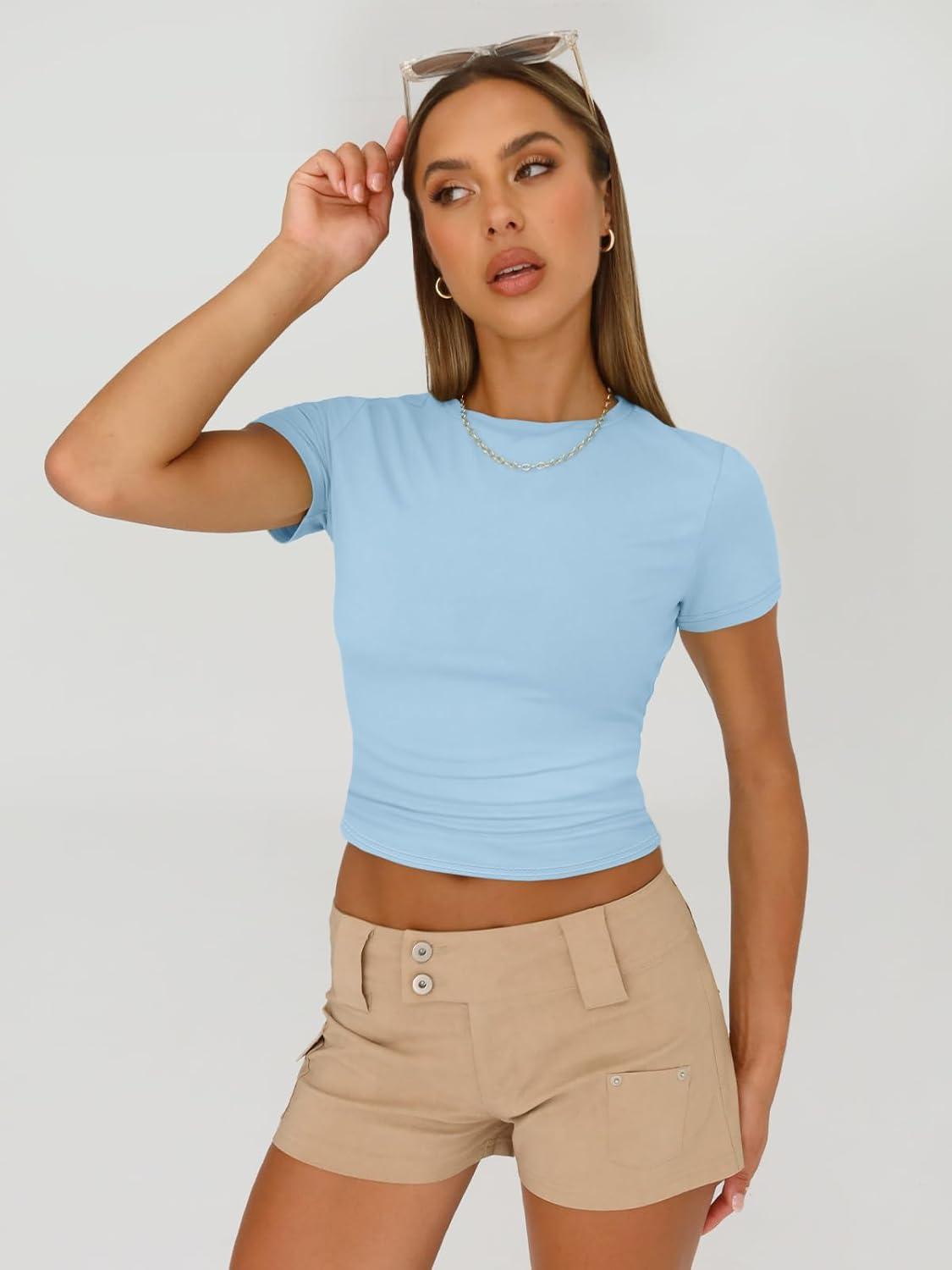imageAUTOMET Womens 3 Piece Short Sleeve Shirts Basic Going Out Slim Fitted Crop Tops 2025 Summer Y2k ClothesBlack white babyblue