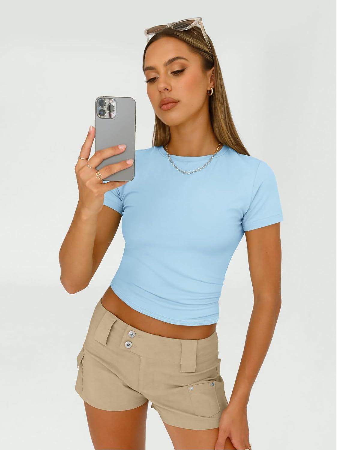 imageAUTOMET Womens 3 Piece Short Sleeve Shirts Basic Going Out Slim Fitted Crop Tops 2025 Summer Y2k ClothesBlack white babyblue