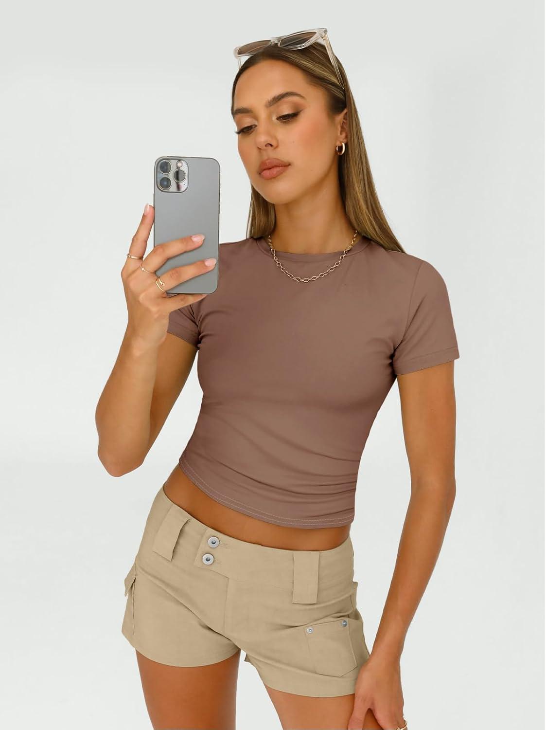 imageAUTOMET Womens 3 Piece Short Sleeve Shirts Basic Going Out Slim Fitted Crop Tops 2025 Summer Y2k ClothesBlack white coffee