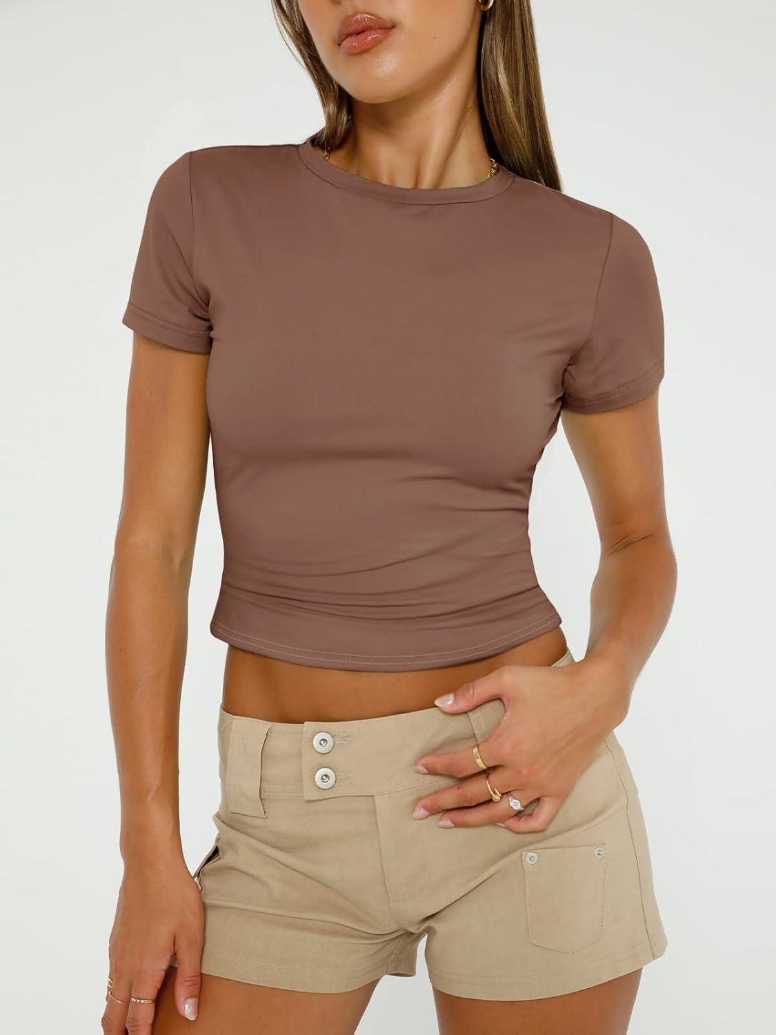imageAUTOMET Womens 3 Piece Short Sleeve Shirts Basic Going Out Slim Fitted Crop Tops 2025 Summer Y2k ClothesBlack white coffee