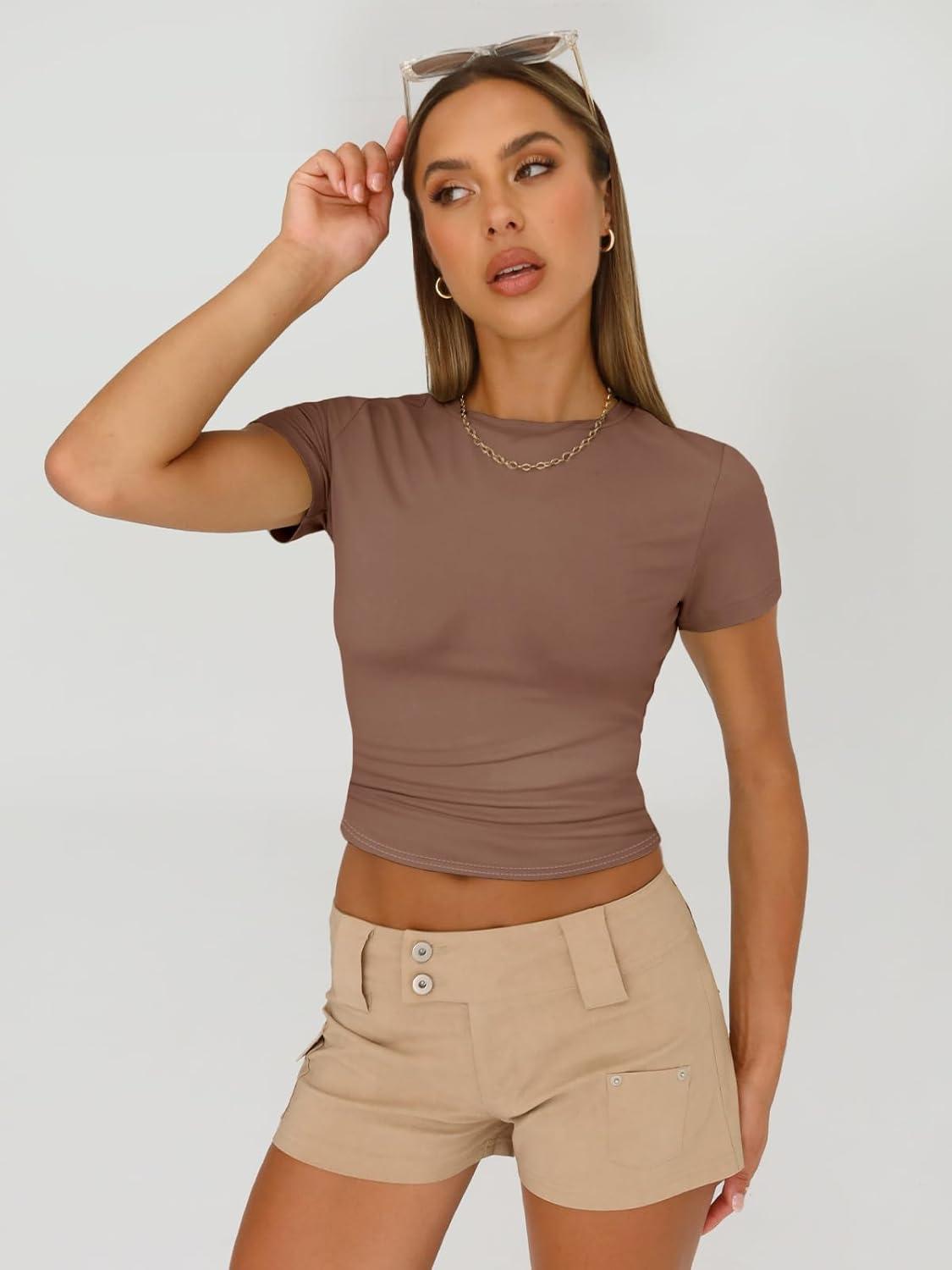 imageAUTOMET Womens 3 Piece Short Sleeve Shirts Basic Going Out Slim Fitted Crop Tops 2025 Summer Y2k ClothesBlack white coffee