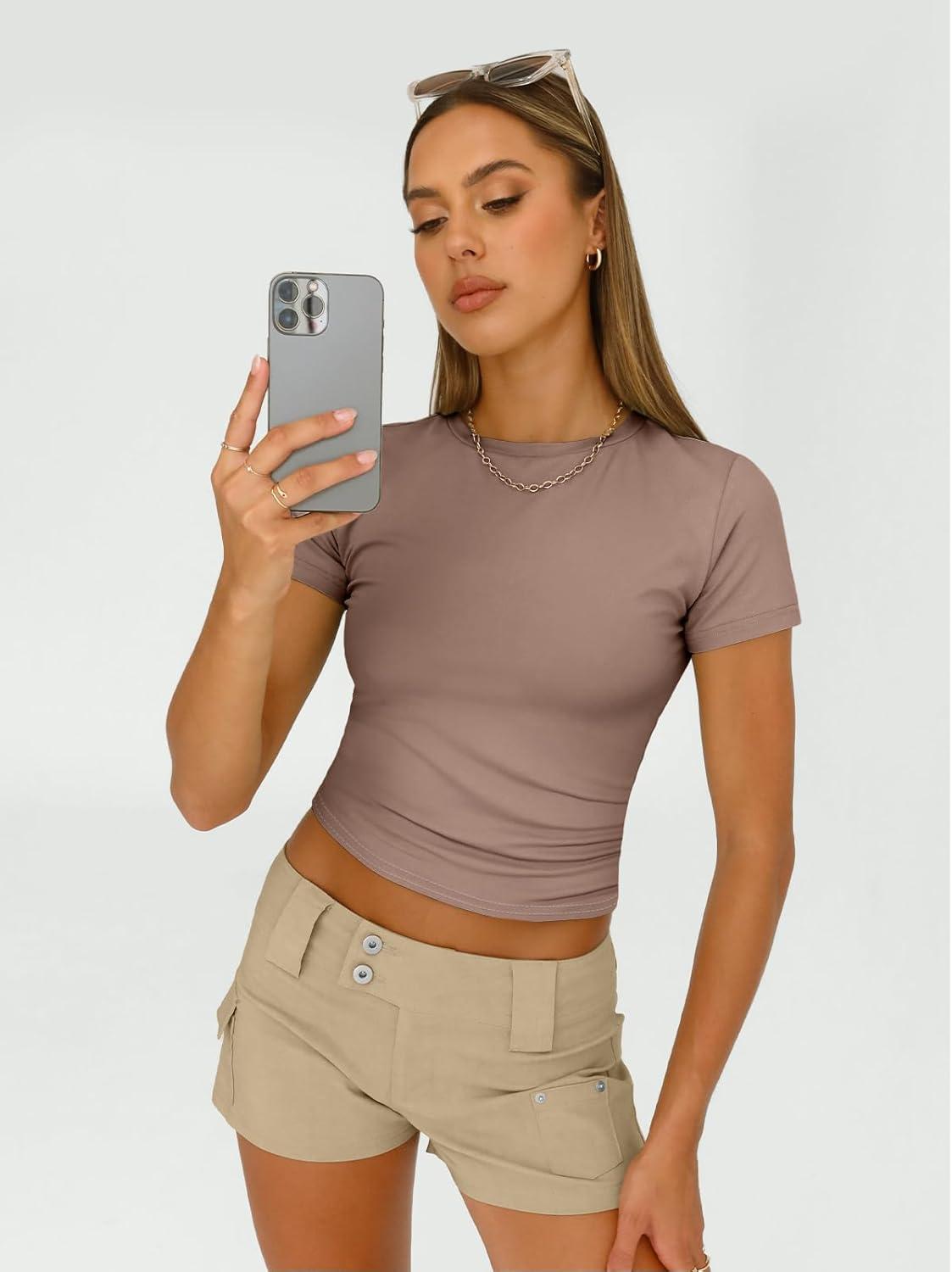 imageAUTOMET Womens 3 Piece Short Sleeve Shirts Basic Going Out Slim Fitted Crop Tops 2025 Summer Y2k ClothesBlack white coffeegrey