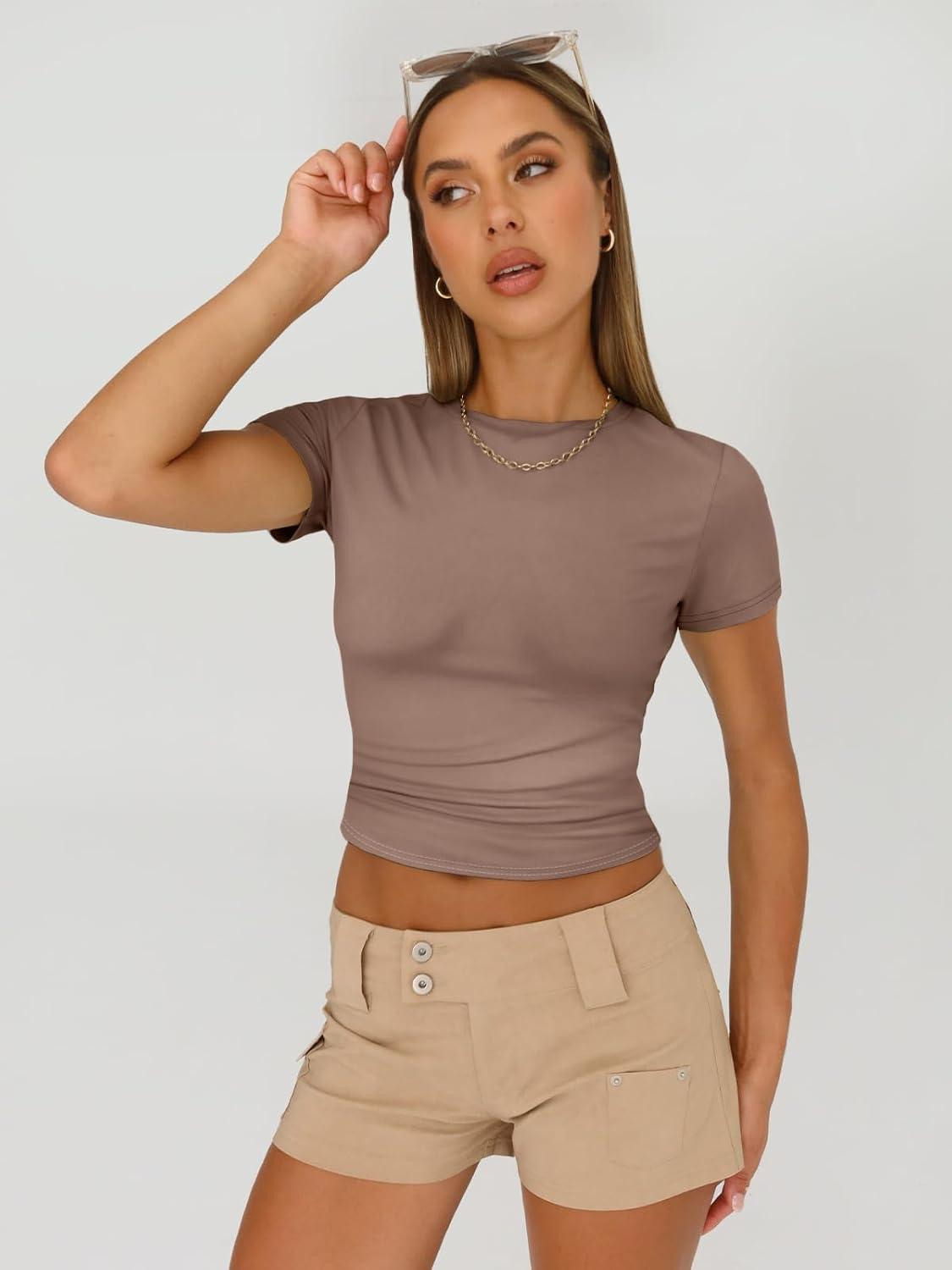 imageAUTOMET Womens 3 Piece Short Sleeve Shirts Basic Going Out Slim Fitted Crop Tops 2025 Summer Y2k ClothesBlack white coffeegrey