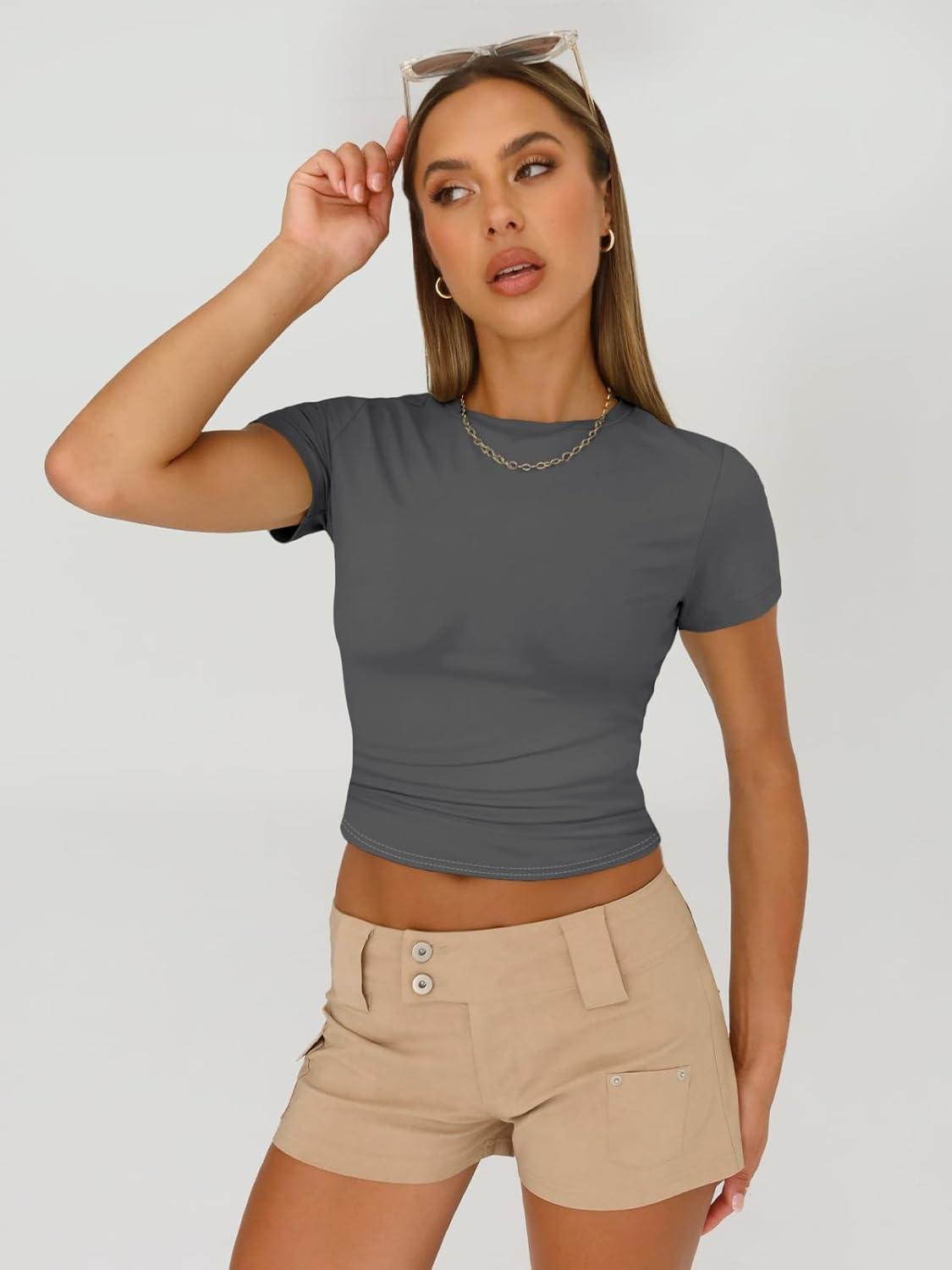 imageAUTOMET Womens 3 Piece Short Sleeve Shirts Basic Going Out Slim Fitted Crop Tops 2025 Summer Y2k ClothesBlack white gray