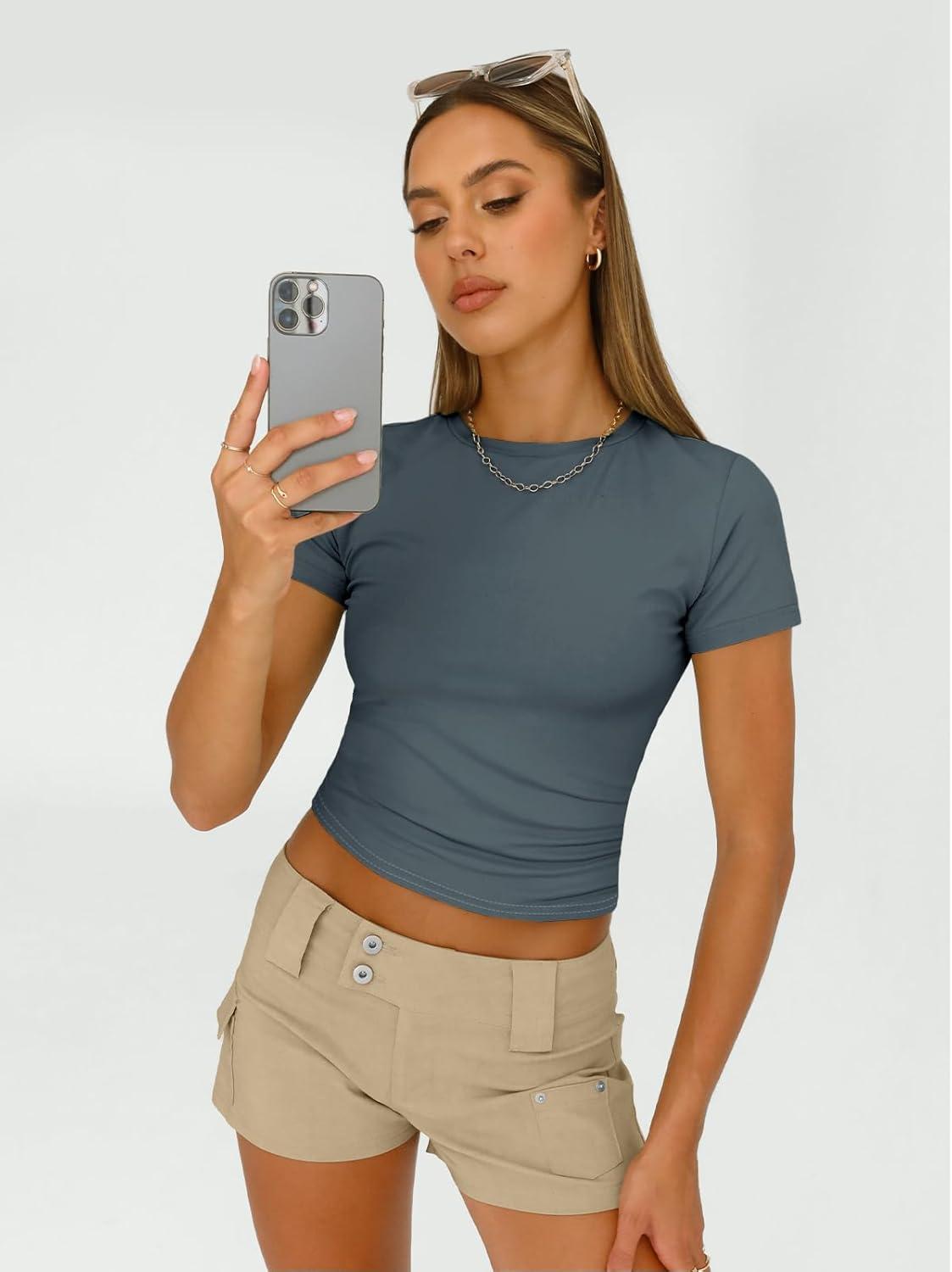 imageAUTOMET Womens 3 Piece Short Sleeve Shirts Basic Going Out Slim Fitted Crop Tops 2025 Summer Y2k ClothesBlack white haze Blue