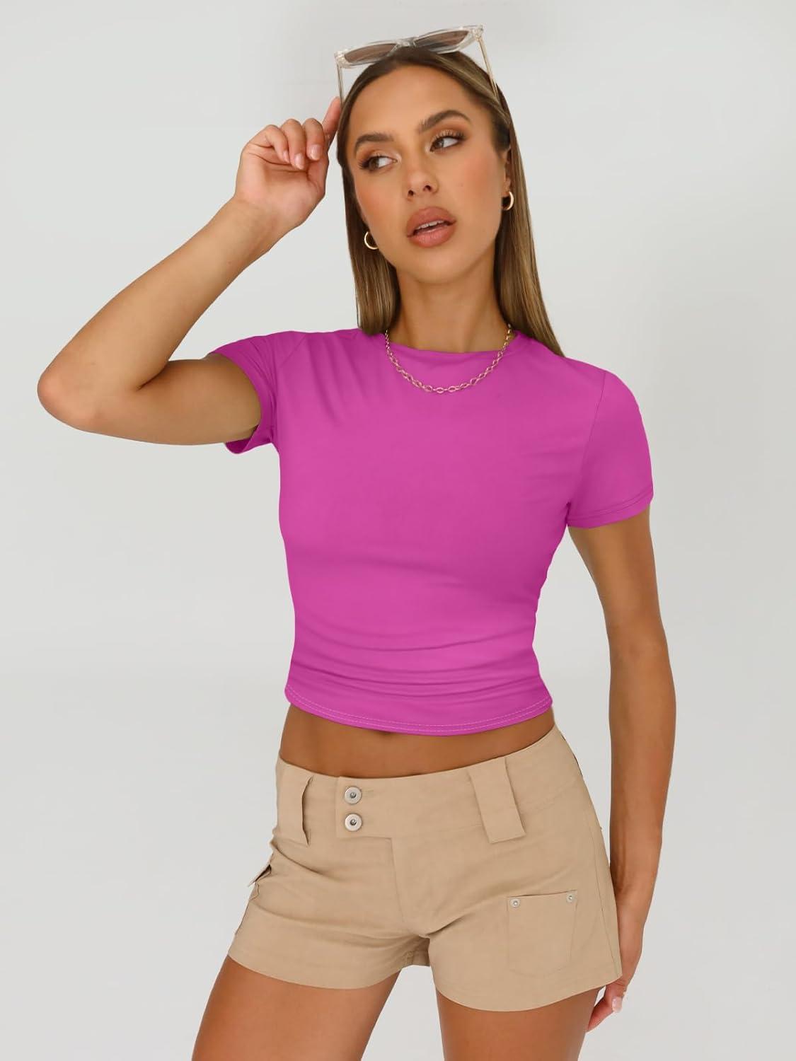 imageAUTOMET Womens 3 Piece Short Sleeve Shirts Basic Going Out Slim Fitted Crop Tops 2025 Summer Y2k ClothesBlack white hotpink