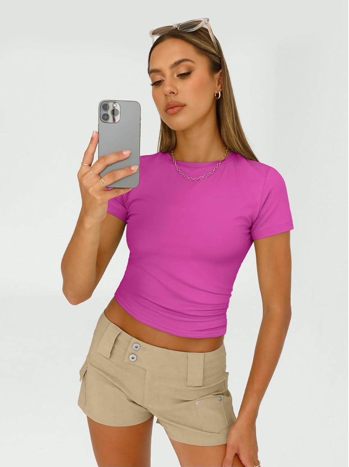 imageAUTOMET Womens 3 Piece Short Sleeve Shirts Basic Going Out Slim Fitted Crop Tops 2025 Summer Y2k ClothesBlack white hotpink