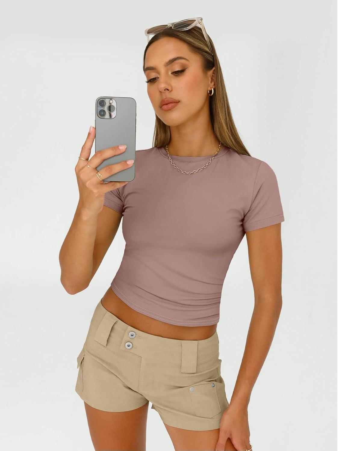 imageAUTOMET Womens 3 Piece Short Sleeve Shirts Basic Going Out Slim Fitted Crop Tops 2025 Summer Y2k ClothesBlack white latte