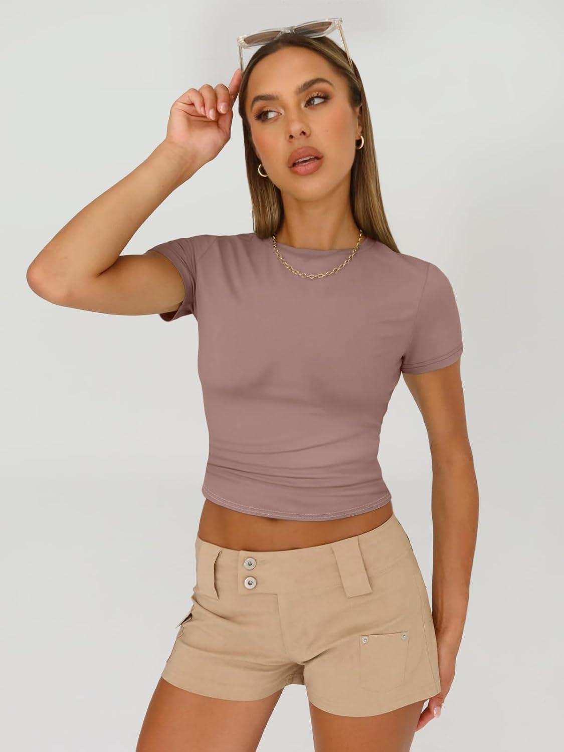 imageAUTOMET Womens 3 Piece Short Sleeve Shirts Basic Going Out Slim Fitted Crop Tops 2025 Summer Y2k ClothesBlack white latte