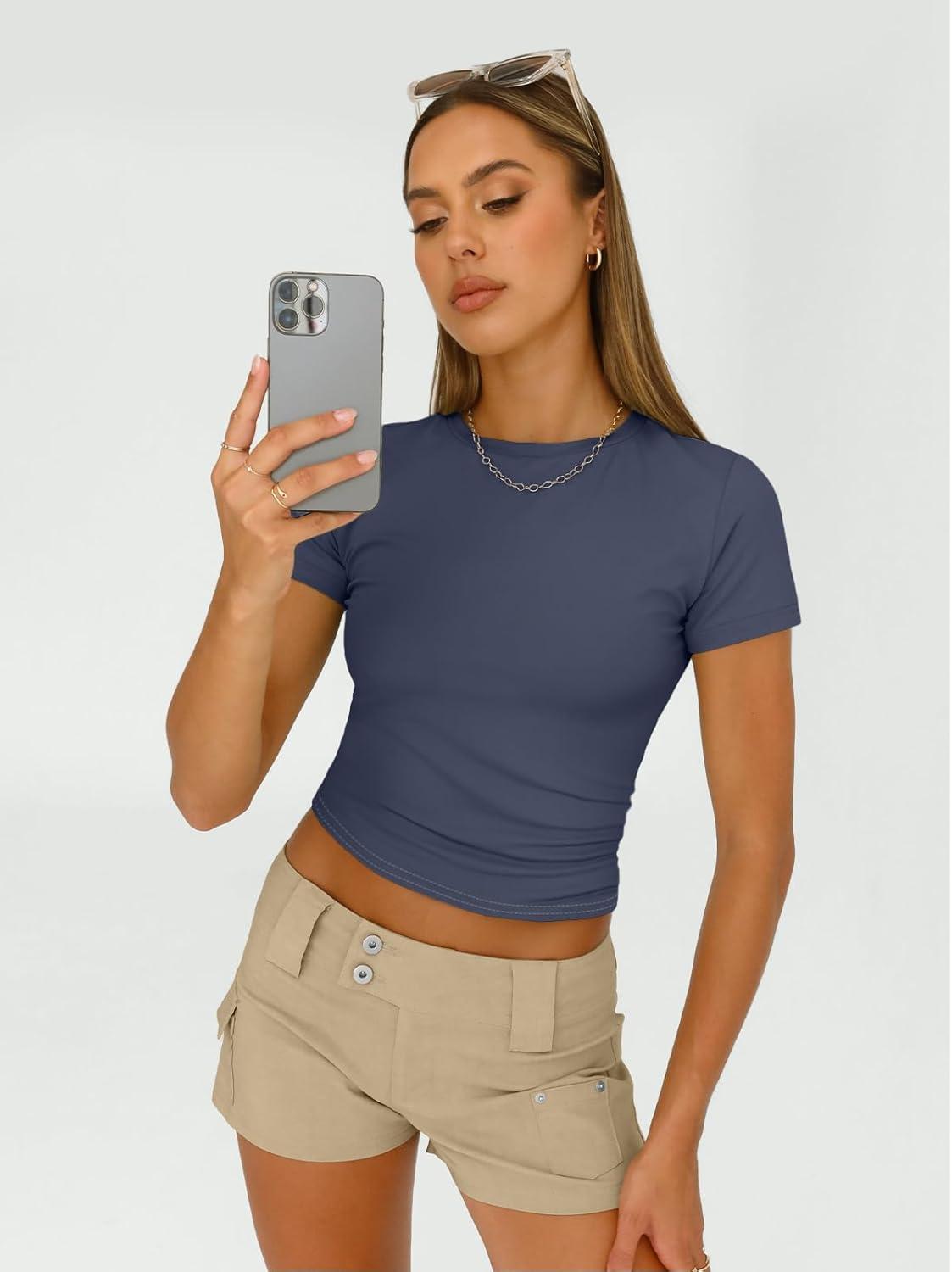 imageAUTOMET Womens 3 Piece Short Sleeve Shirts Basic Going Out Slim Fitted Crop Tops 2025 Summer Y2k ClothesBlack white navy