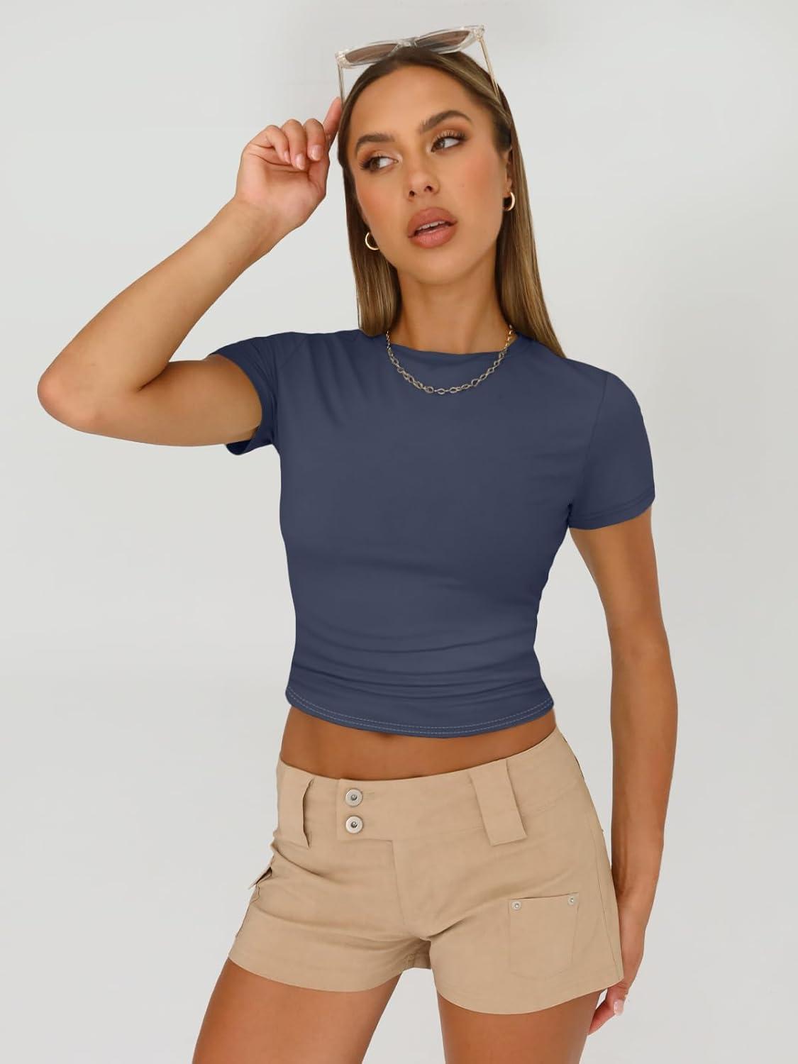 imageAUTOMET Womens 3 Piece Short Sleeve Shirts Basic Going Out Slim Fitted Crop Tops 2025 Summer Y2k ClothesBlack white navy