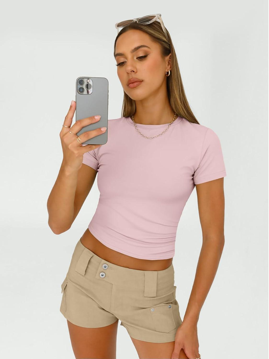 imageAUTOMET Womens 3 Piece Short Sleeve Shirts Basic Going Out Slim Fitted Crop Tops 2025 Summer Y2k ClothesBlack white pink