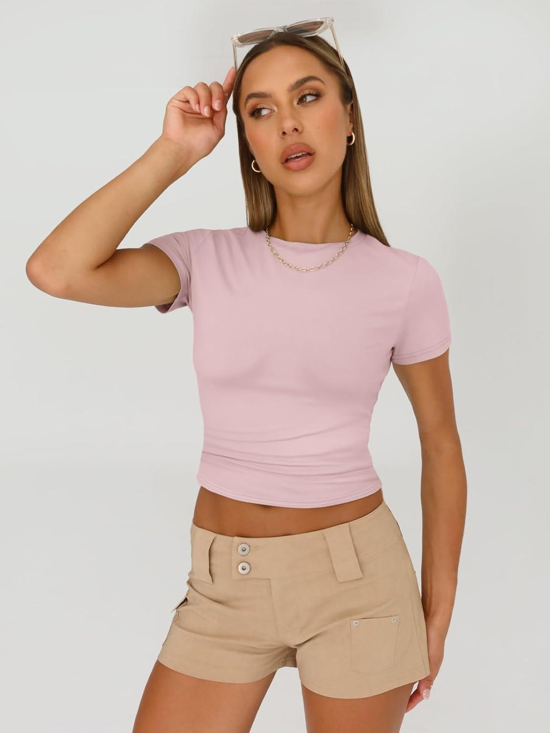 imageAUTOMET Womens 3 Piece Short Sleeve Shirts Basic Going Out Slim Fitted Crop Tops 2025 Summer Y2k ClothesBlack white pink