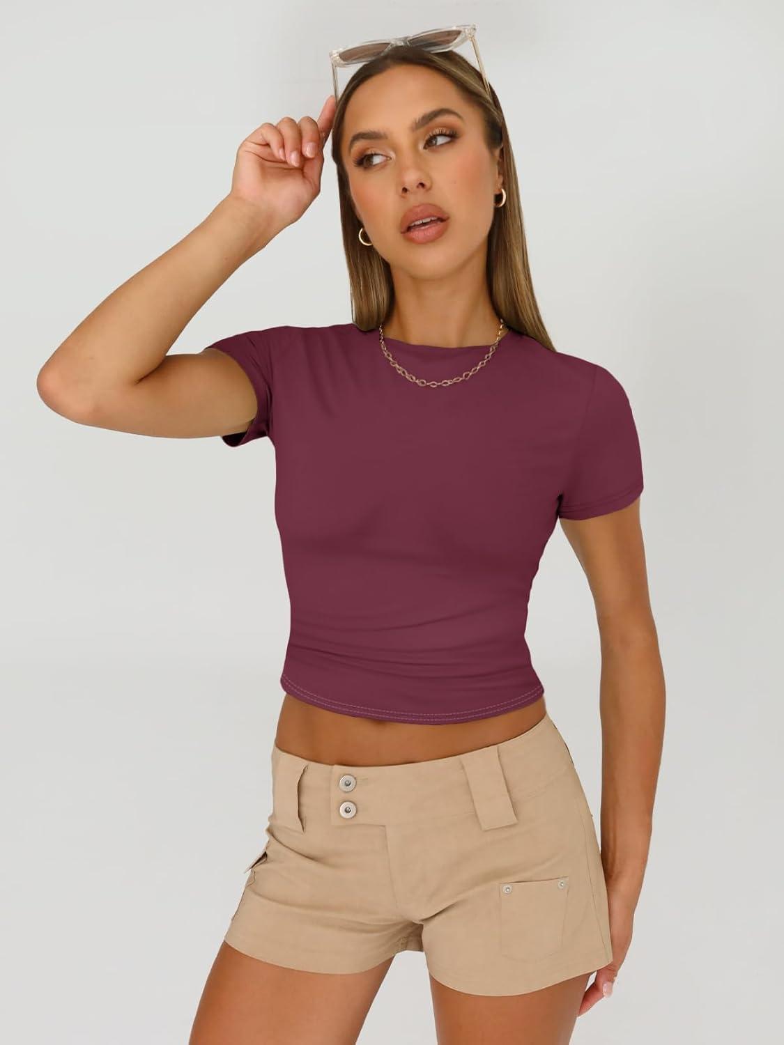 imageAUTOMET Womens 3 Piece Short Sleeve Shirts Basic Going Out Slim Fitted Crop Tops 2025 Summer Y2k ClothesBlack white winered