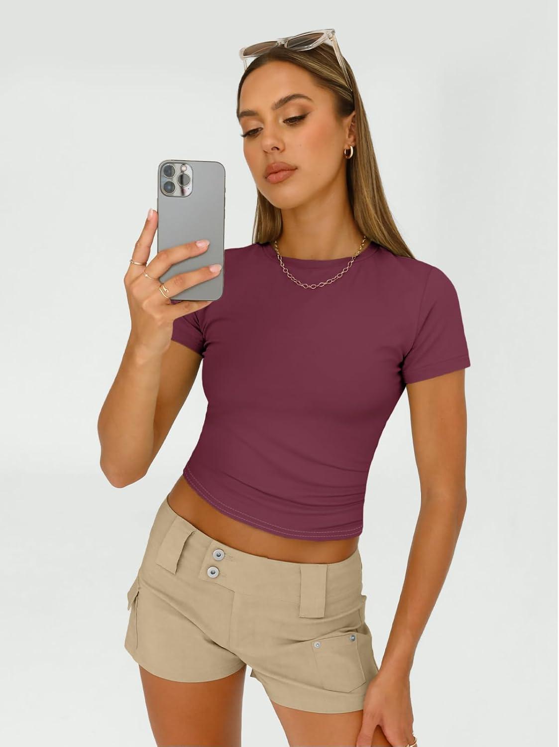 imageAUTOMET Womens 3 Piece Short Sleeve Shirts Basic Going Out Slim Fitted Crop Tops 2025 Summer Y2k ClothesBlack white winered