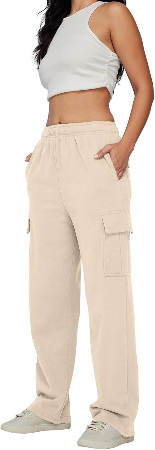 imageAUTOMET Womens Cargo Sweatpants Baggy Fleece High Waisted Joggers Sweat Pants Athletic PantsApricot