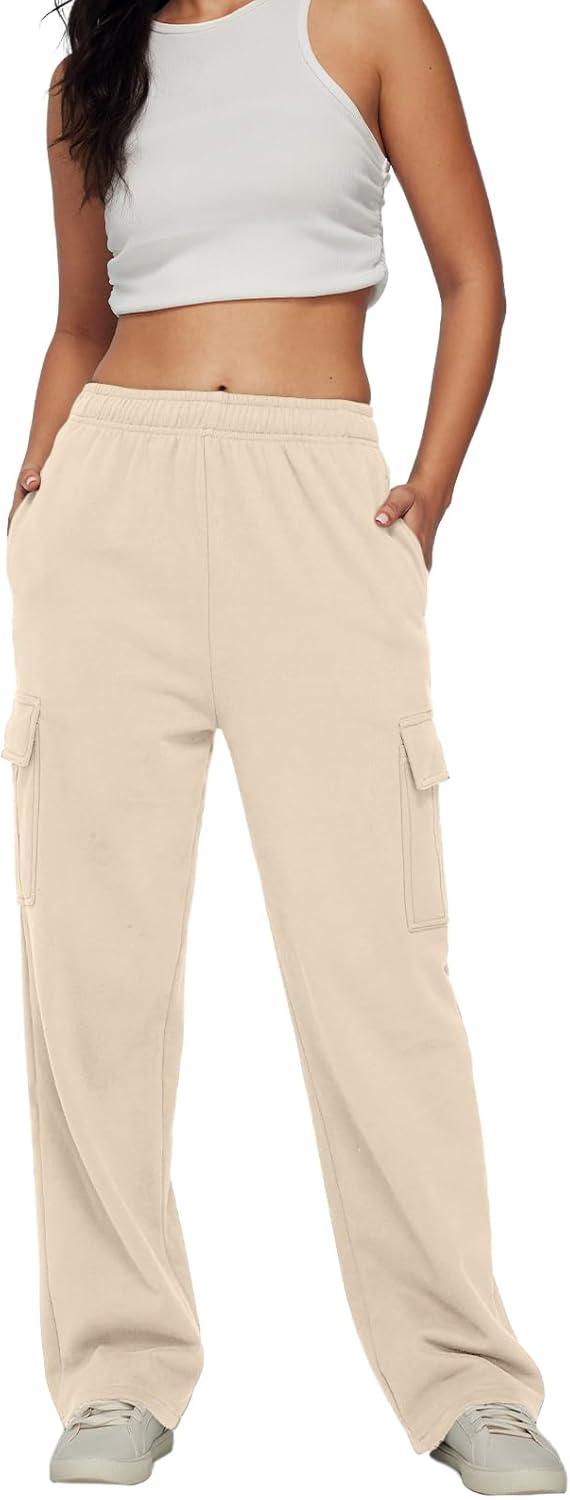 imageAUTOMET Womens Cargo Sweatpants Baggy Fleece High Waisted Joggers Sweat Pants Athletic PantsApricot