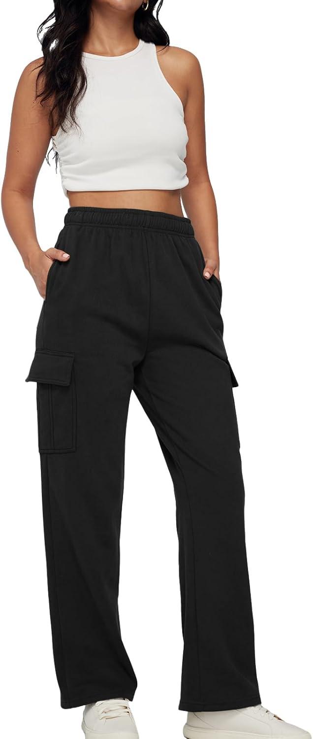 imageAUTOMET Womens Cargo Sweatpants Baggy Fleece High Waisted Joggers Sweat Pants Athletic PantsBlack