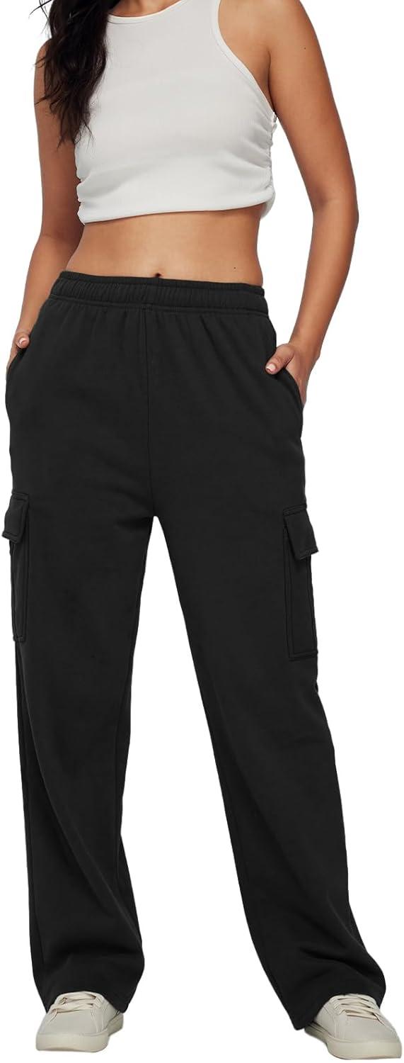 imageAUTOMET Womens Cargo Sweatpants Baggy Fleece High Waisted Joggers Sweat Pants Athletic PantsBlack