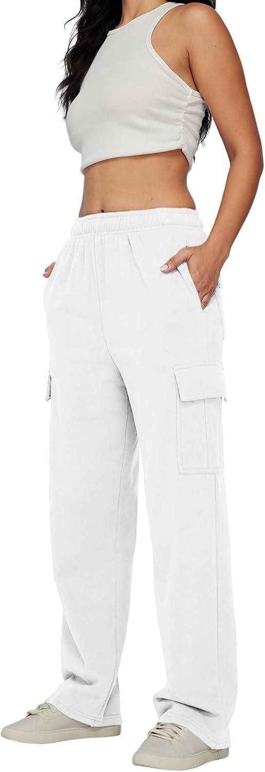 imageAUTOMET Womens Cargo Sweatpants Baggy Fleece High Waisted Joggers Sweat Pants Athletic PantsWhite