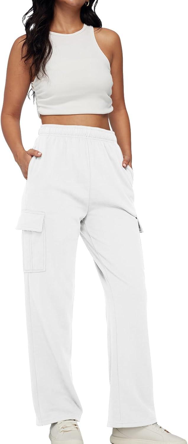 imageAUTOMET Womens Cargo Sweatpants Baggy Fleece High Waisted Joggers Sweat Pants Athletic PantsWhite