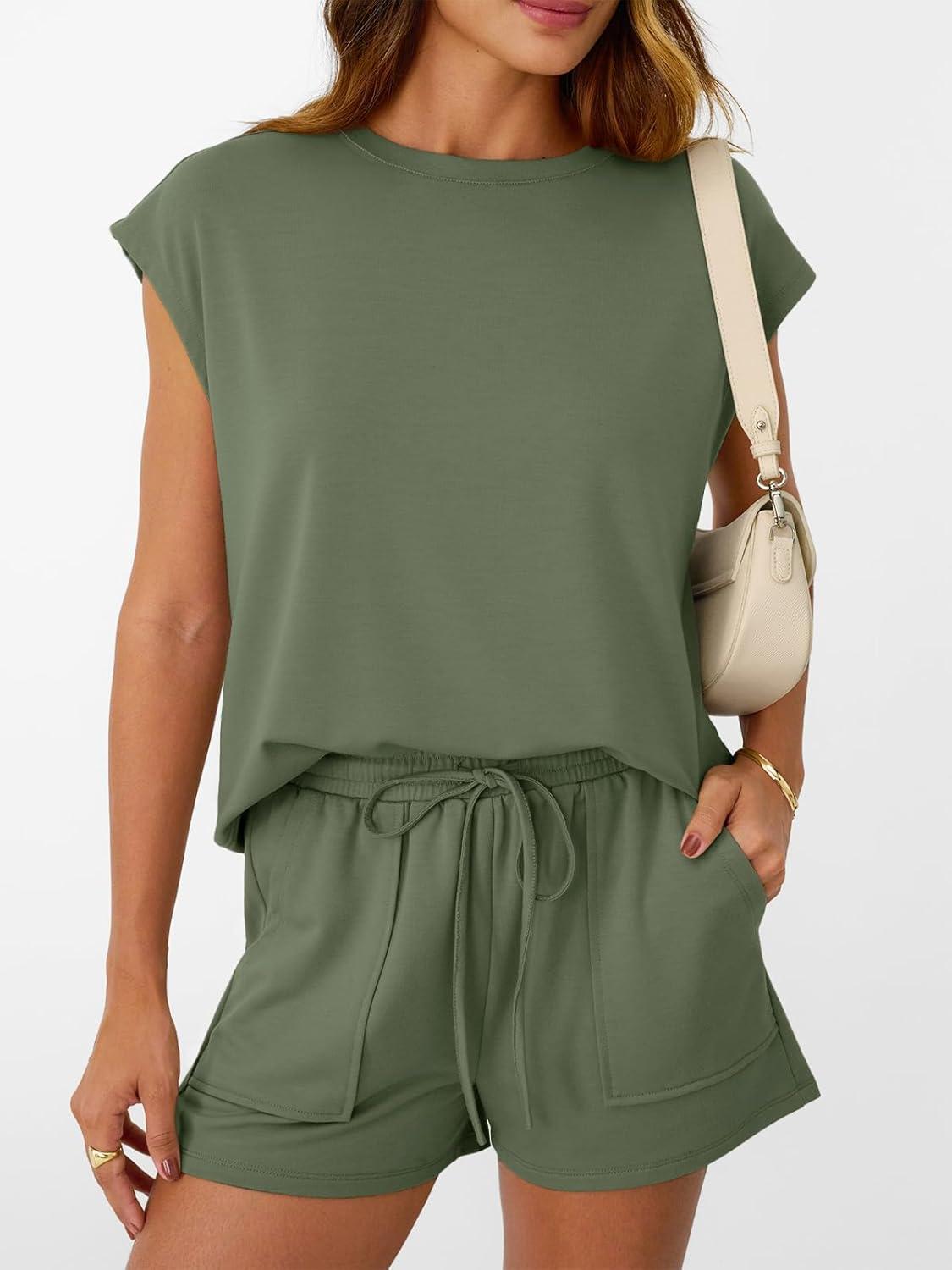 imageAUTOMET Womens Crew Neck Two Piece short Sets Cap Sleeve Drawstring Summer Sweatsuit with PocketArmy Green