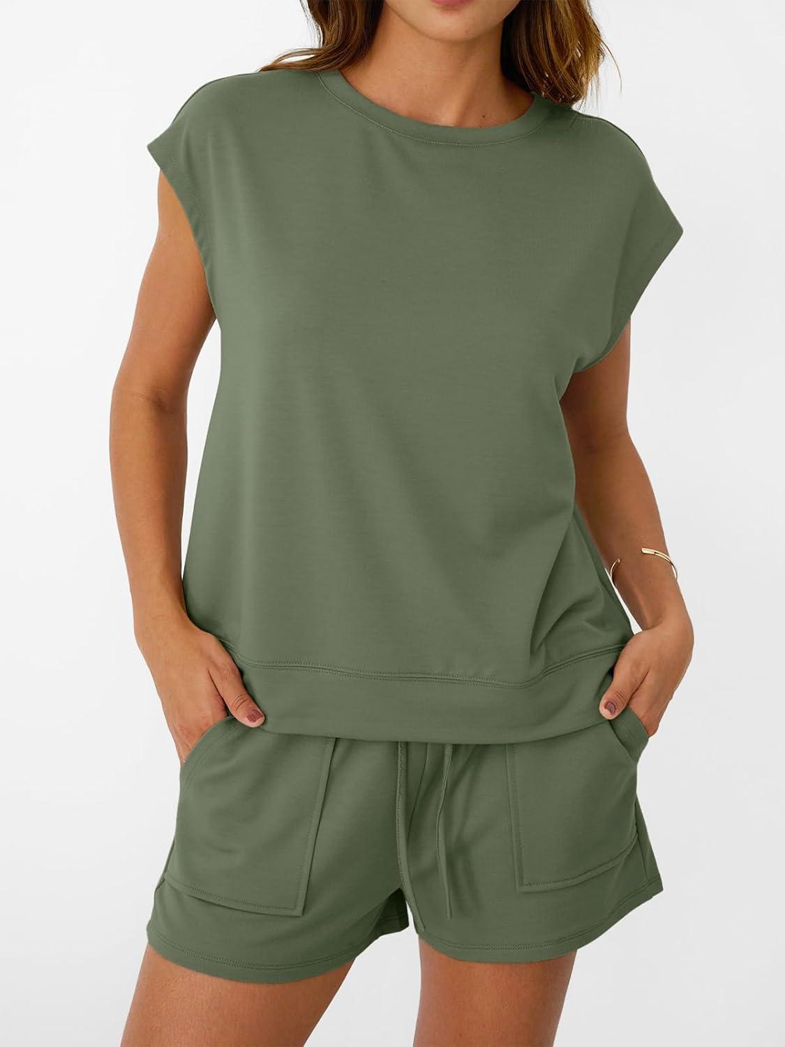 imageAUTOMET Womens Crew Neck Two Piece short Sets Cap Sleeve Drawstring Summer Sweatsuit with PocketArmy Green
