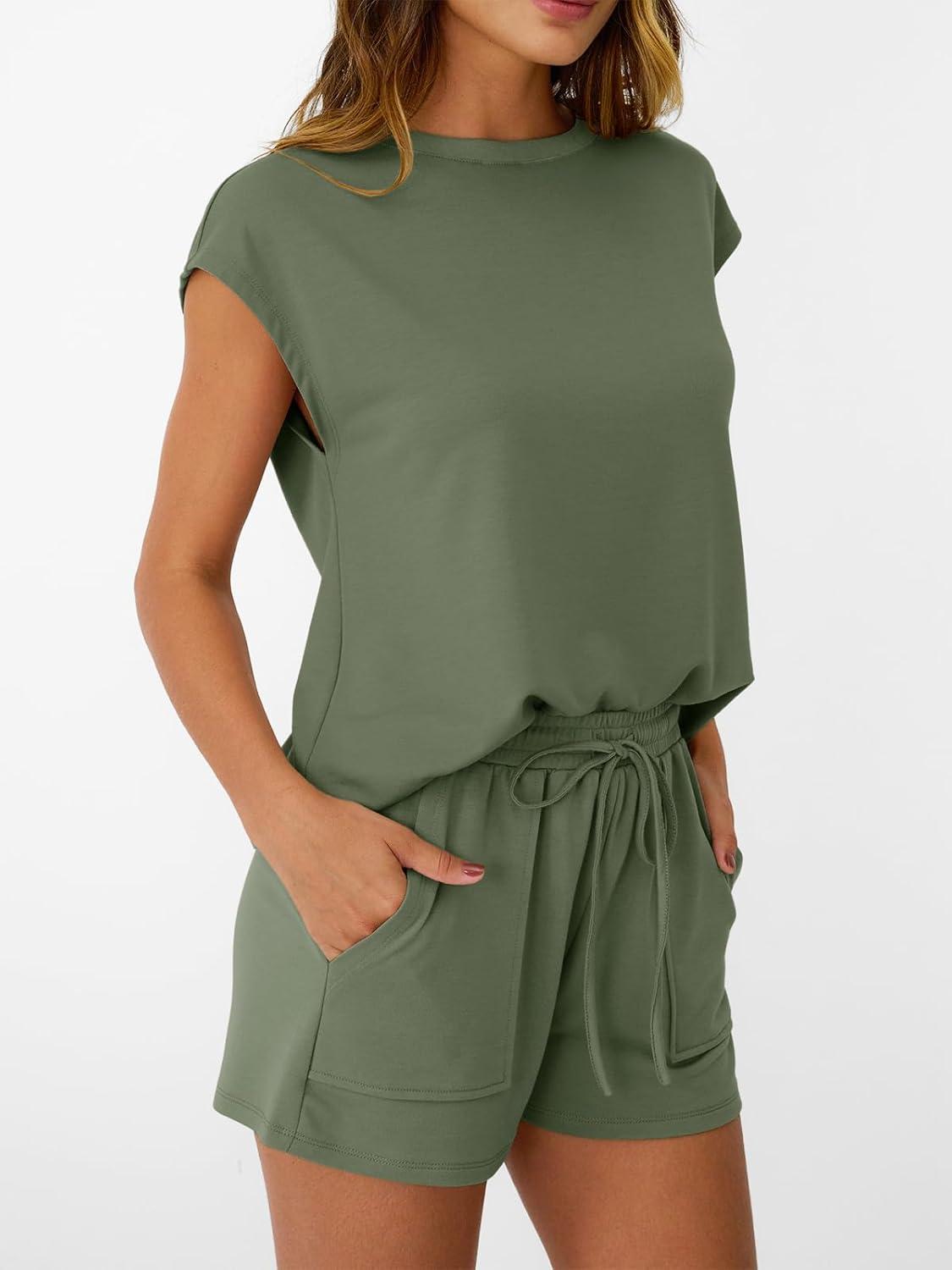 imageAUTOMET Womens Crew Neck Two Piece short Sets Cap Sleeve Drawstring Summer Sweatsuit with PocketArmy Green