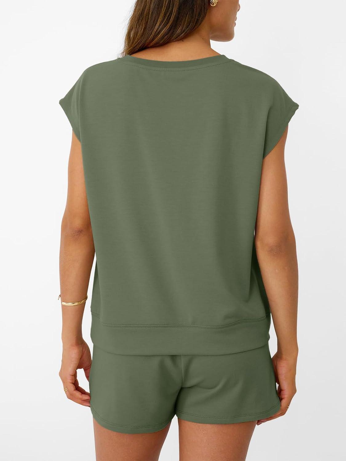 imageAUTOMET Womens Crew Neck Two Piece short Sets Cap Sleeve Drawstring Summer Sweatsuit with PocketArmy Green