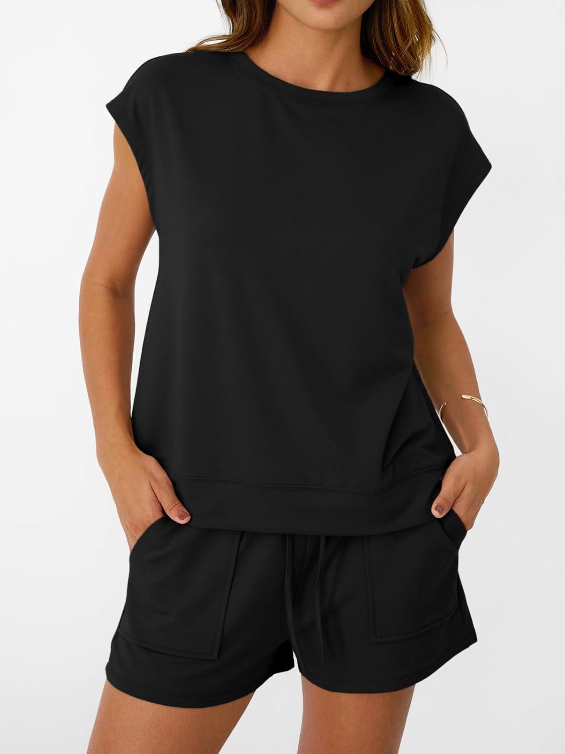 imageAUTOMET Womens Crew Neck Two Piece short Sets Cap Sleeve Drawstring Summer Sweatsuit with PocketBlack
