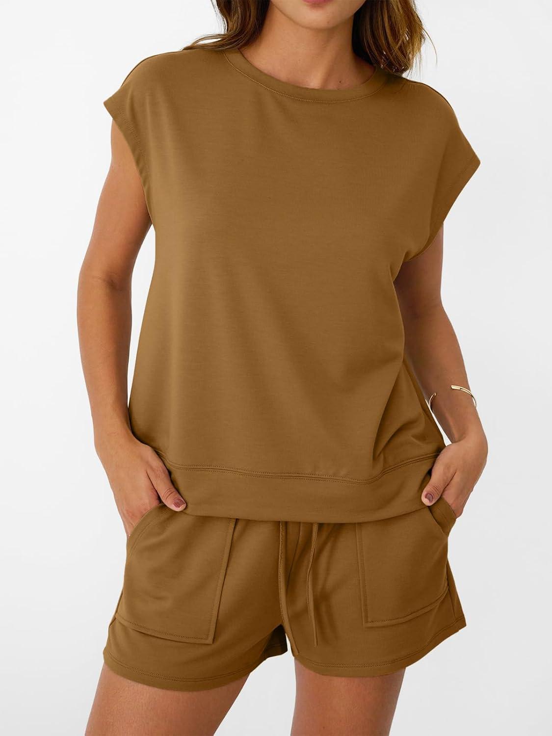 imageAUTOMET Womens Crew Neck Two Piece short Sets Cap Sleeve Drawstring Summer Sweatsuit with PocketCamel